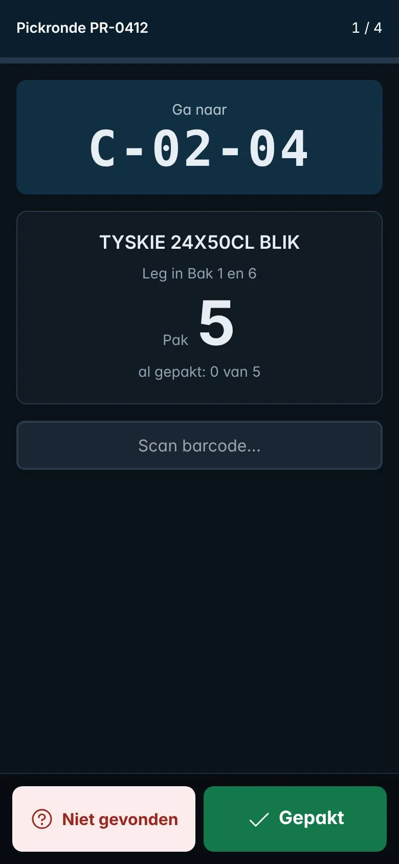 De pick-app op de handscanner